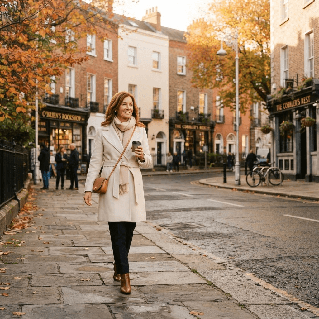 A confident woman in her forties walking through a Dublin street in autumn.