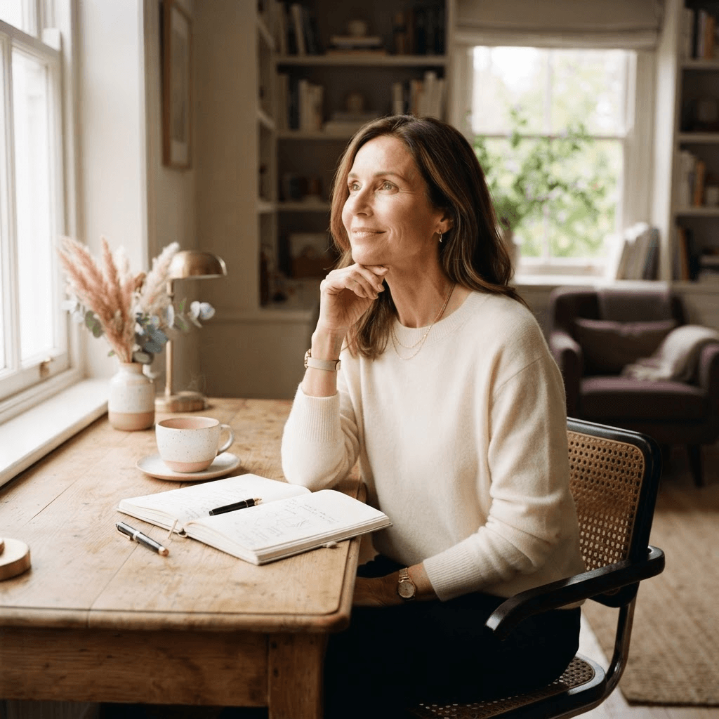 A woman sitting at a bright desk with a notebook, weighing up which kind of dating support she actually needs.
