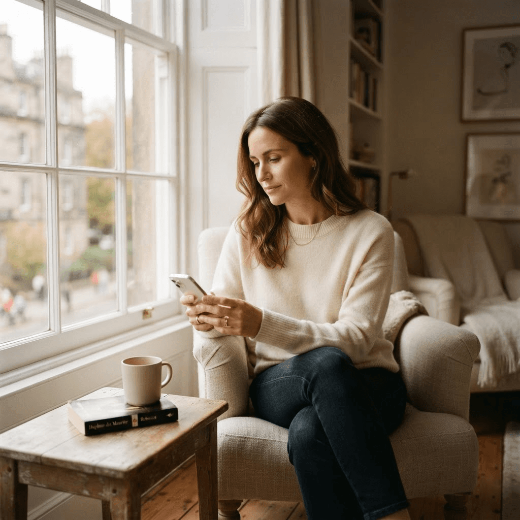 A woman looking thoughtfully at her phone, reflecting on a man's mixed signals.