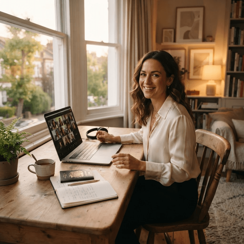 A woman on a video call with a long-distance partner in another country.