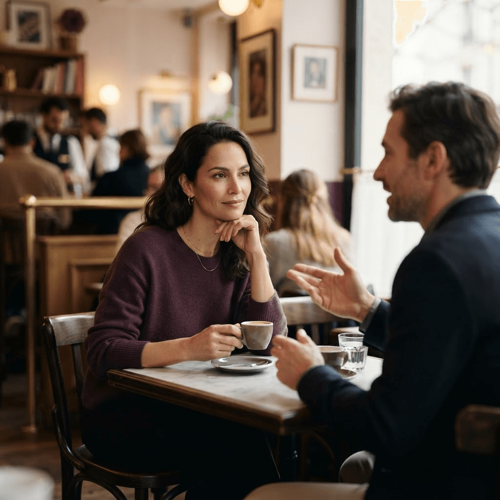A woman calmly observing a man as he speaks during an early date, assessing his readiness before becoming emotionally invested.