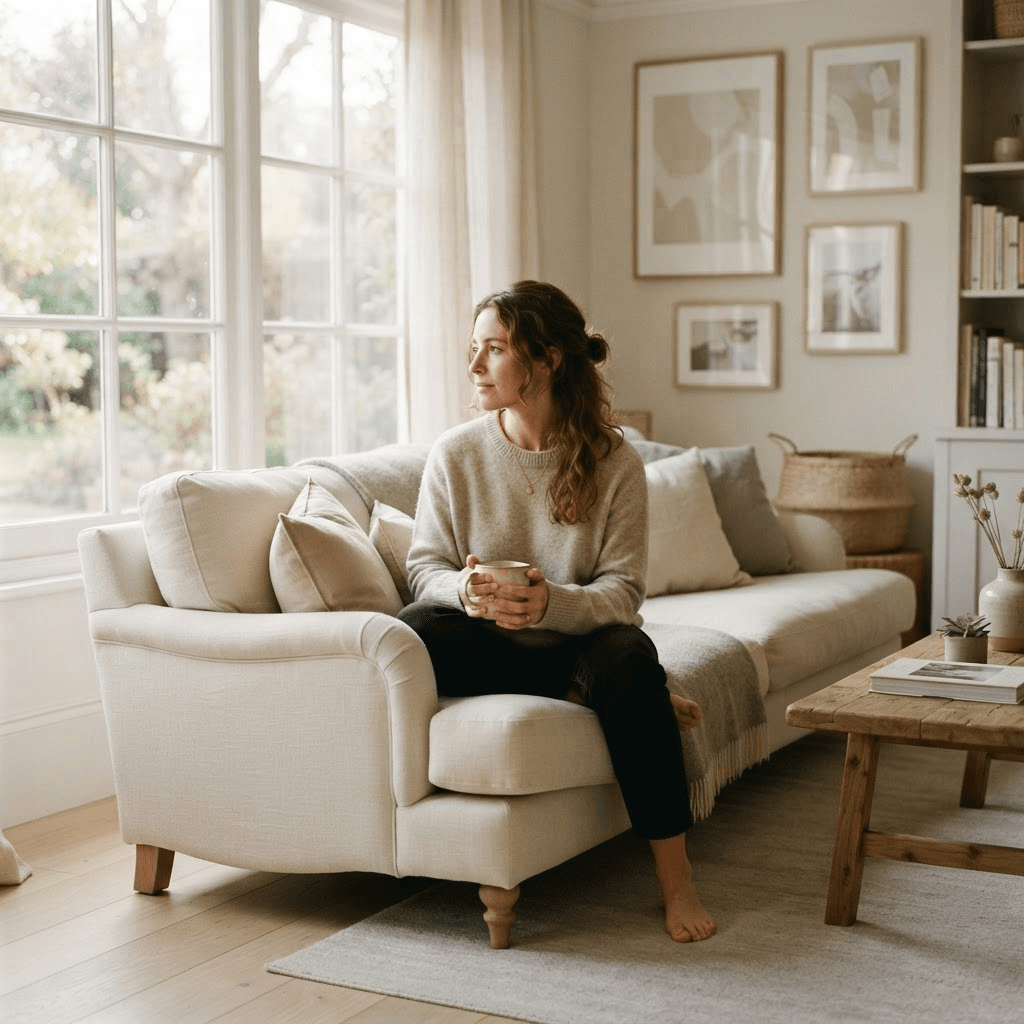 A woman sitting alone on a sofa, questioning an undefined relationship.