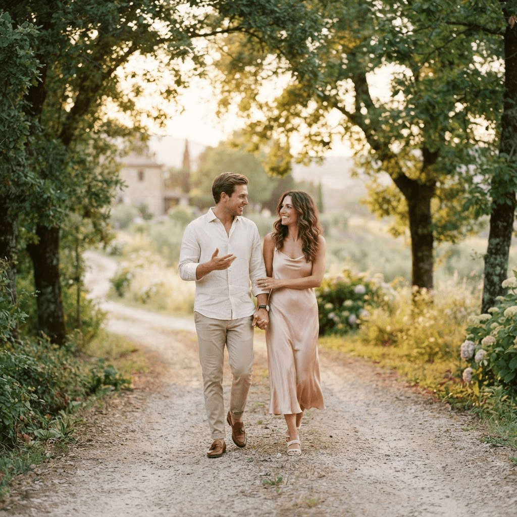 A couple walking together, deciding whether to commit exclusively.