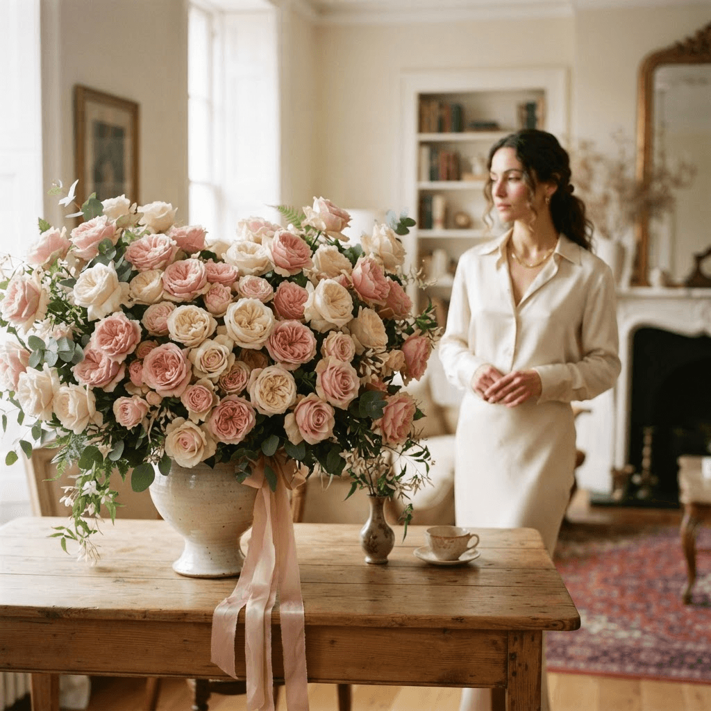 A large bouquet of roses on a table, symbolising early dating intensity.
