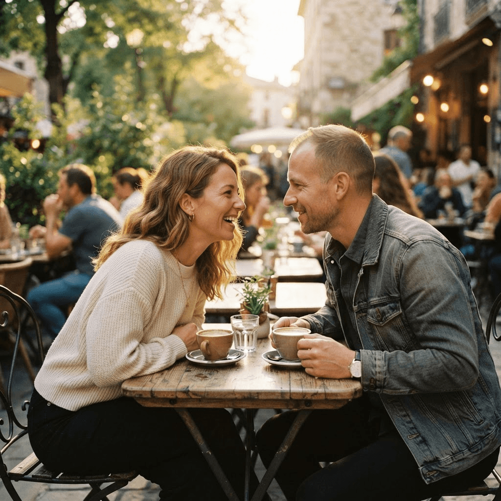 A couple in an honest early-dating conversation over coffee.